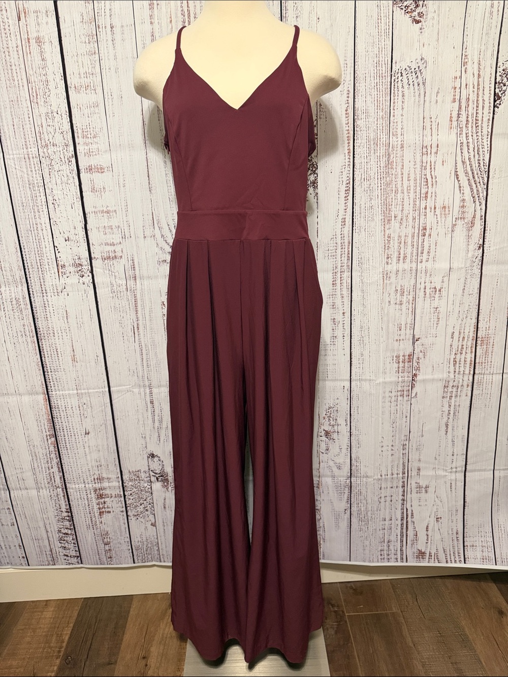 HALARA Wine Red Spaghetti-Strap Wide Leg Jumpsuit